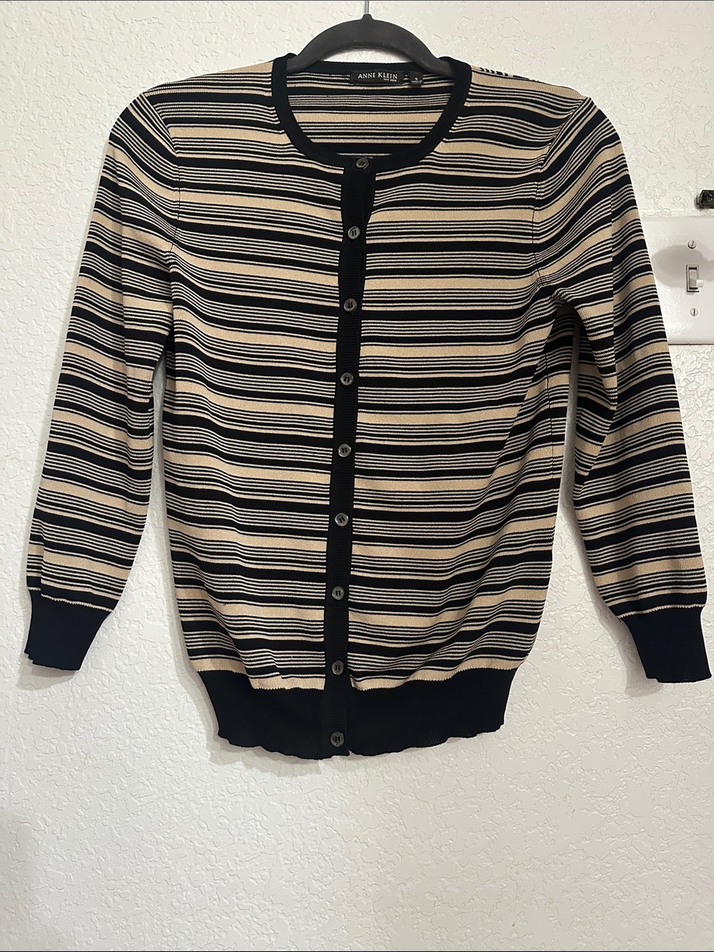 Anne Klein Black and Beige Striped Women’s Cardigan Sweater